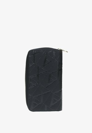 Portafoglio nero con zip realizzato in pelle testurizzata, caratterizzato da un motivo geometrico. I bordi sono cuciti; la ferramenta è di tonalità argentata. Design compatto.