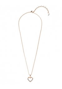 Collana in metallo dorato con pendente a forma di cuore, caratterizzata da un'inserzione di pietra trasparente, catena delicata e lunghezza regolabile con chiusura.