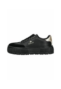 Black leather sneakers with a textured suede toe, thick, ridged black sole, and silver accents, featuring a logo on the side and a contrasting heel.
