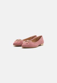 Balerini din suede roz, cu vârful rotunjit, decorate cu un detaliu subțire în formă de fundiță și mici accente din aur. Textură moale și design minimalist.