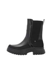 Bottines noires avec un dessus en cuir lisse, des panneaux latéraux élastiques, une finition texturée et une semelle en caoutchouc épaisse.