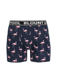 Shorts de boxe bleu marine avec un motif de flamant rose, dotés d'une taille noire avec des lettres blanches, fabriqués en tissu doux et extensible.