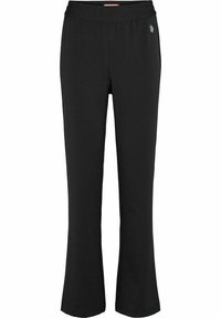 Svarta, mjuka tygbyxor med en utsvängt design och elastisk midja. En liten logotyp finns nära den övre vänstra sidan.