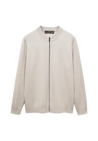 Cárdigan gris claro con cremallera, cuello redondo, mangas largas, puños acanalados y textura de tela lisa. Diseño minimalista, sin patrones.
