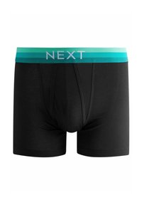 Boxer-briefs noirs pour hommes avec une ceinture élastique rayée turquoise et bleu clair, portant le texte "NEXT" en blanc. Texture lisse.