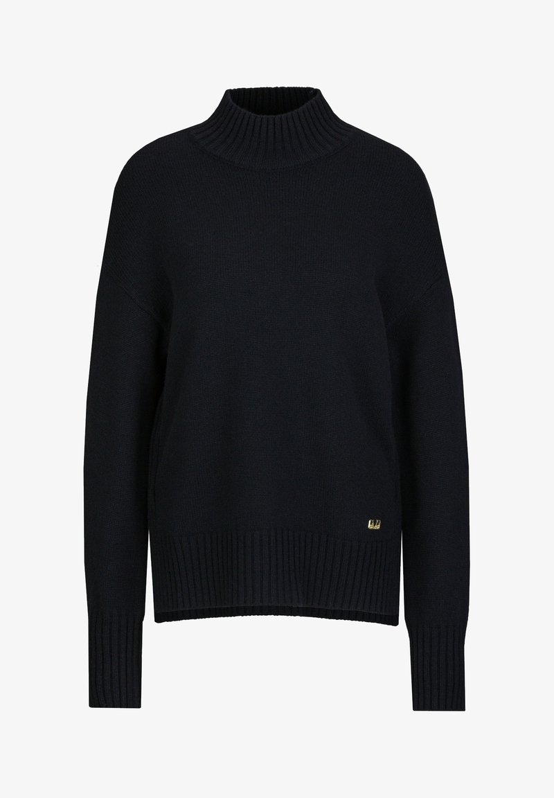 Marineblauer Strickpullover mit hohem geripptem Kragen, lockerer Passform sowie gerippten Bündchen und Saum. Verfügt über ein kleines goldenes Logo-Akzent auf der unteren linken Seite.