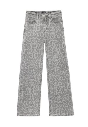 Grijze jeans met rechte pijpen en een subtiel luipaardprintpatroon, voorzakken, riemlussen en een knoopsluiting.