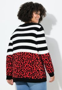 Gestreifter schwarz-weißer Pullover mit einem unteren Abschnitt im roten Leopardenmuster. Strickmaterial, lange Ärmel und ein lockerer Schnitt.