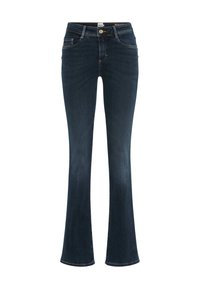 Jeans évasés en denim foncé avec une taille mi-haute, un design à cinq poches et des coutures contrastantes. Texture lisse et légère élasticité pour un confort optimal.