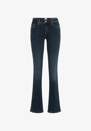 Jeans évasés en denim foncé avec une taille mi-haute, un design à cinq poches et des coutures contrastantes. Texture lisse et légère élasticité pour un confort optimal.