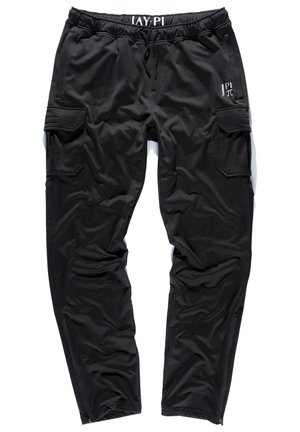 Czarne spodnie cargo z elastycznym pasem, kieszeniami bocznymi i zamkami błyskawicznymi przy kostkach. Wykonane z gładkiego, elastycznego materiału o dopasowanym kroju.