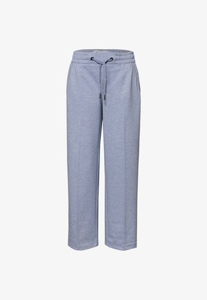 Světle šedé neformální kalhoty s elastickým pasem a stahovací šňůrkou, rovný střih nohavic a boční kapsy na bílém pozadí.