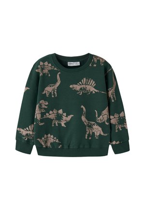 Sweat-shirt vert foncé pour enfants avec des formes de dinosaures marron clair, comprenant des motifs de stégosaure, de brontosaure et de spinosaure.