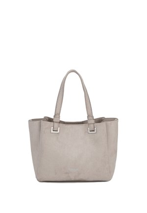 Sac cabas en daim beige avec double poignée supérieure et ferrures rectangulaires argentées sur fond blanc.