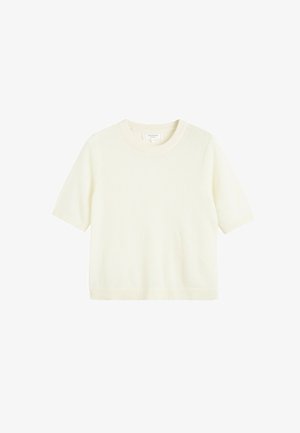 Pull à manches courtes et col rond en maille écrue, avec un ourlet et des poignets côtelés, une texture lisse et une coupe décontractée.