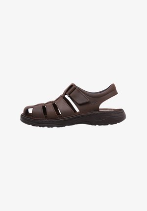 Sandalía de hombre de color marrón oscuro, hecha de cuero, con diseño abierto, correa ajustable, suela texturizada y recortes para transpirabilidad.