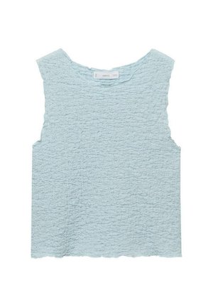 Light blue sleeveless top made of textured fabric with a wrinkled appearance and a scalloped hem. Tag visible at the neckline.