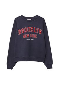 Mörkblå sweatshirt med rund halsringning, med "BROOKLYN NEW YORK" i fet röd text och "SINCE 1987" i mindre text nedanför. Mjuk struktur.
