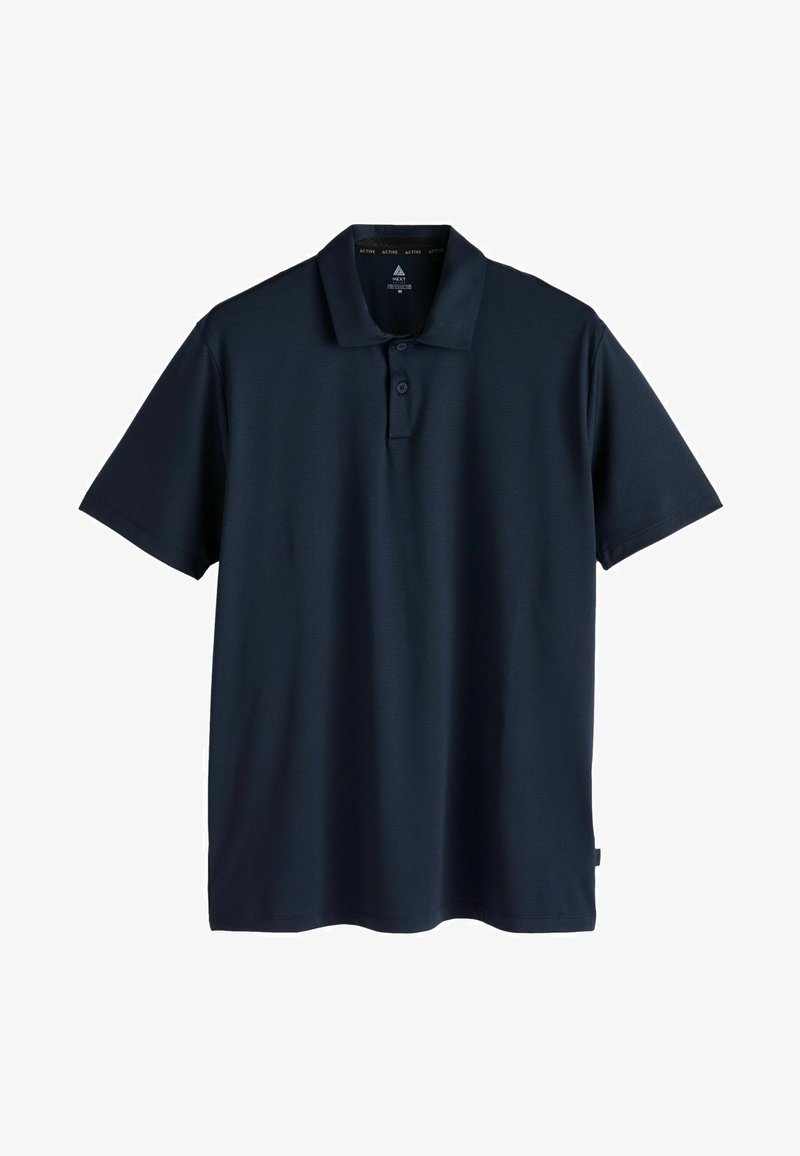 Marineblå polo t-shirt lavet af et glat, åndbart stof. Har en klassisk krave, tre knapper og korte ærmer. Struktureret design.