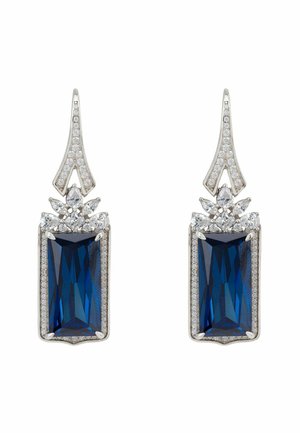Rectangular blue crystal earrings with a silver-tone metal setting, featuring a diamond-like accent at the top and a textured finish.