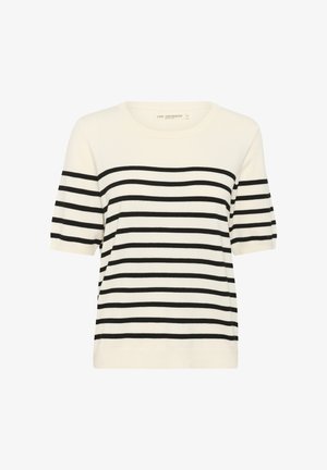 Pull court à manches courtes blanc avec des rayures horizontales noires. Il a un col rond et une coupe décontractée, fabriqué à partir d'un tissu tricoté doux.