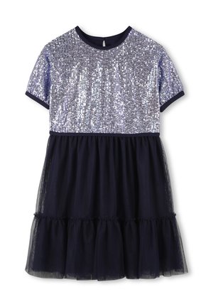 Abito a maniche corte con un corpino in paillettes argento lucido e una gonna in tulle blu navy con orlo arricciato. Collo rotondo con bordi blu navy.