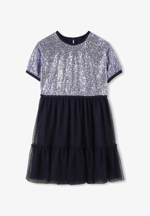 Φόρεμα με κοντά μανίκια, με επάνω μέρος διακοσμημένο με παγιέτες σε αποχρώσεις του μπλε και του μοβ, φούστα από ναυτικό τούλι και βολάν στο κάτω τελείωμα.