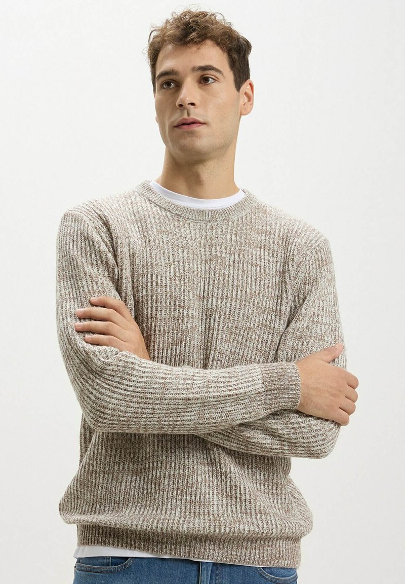 Maglione lavorato a maglia beige con texture a coste, scollatura rotonda e maniche lunghe. Presenta una vestibilità morbida e un sottile motivo a macchie.