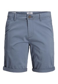 Grijze katoenen shorts met opgerolde manchetten, een knoopsluiting vooraan en riemlussen. Heeft een gladde textuur en minimale stikseldetails.
