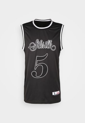 Maillot de basketball sans manches noir avec des accents blancs, grand "5" et texte "Siksilk" dans une police décorative, avec une petite étiquette sur l'ourlet inférieur.