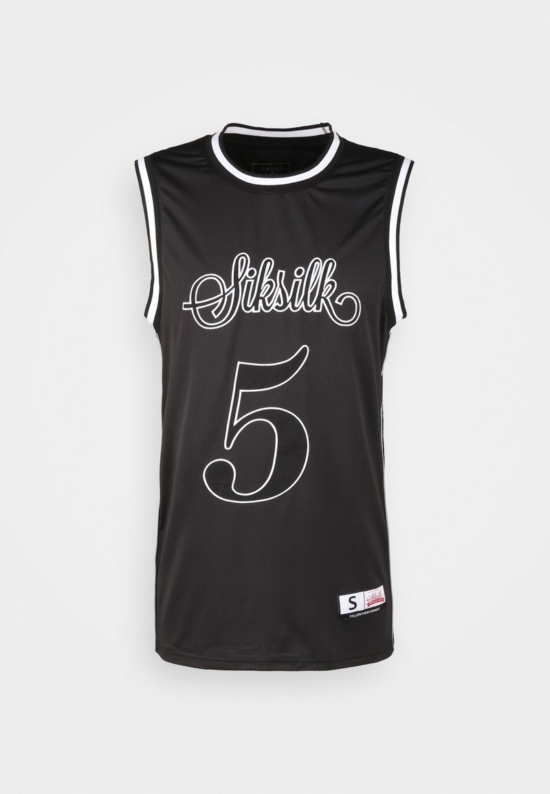 Černá bezrukávová basketbalová dres s bílými akcenty, velkým číslem "5" a textem "Siksilk" v dekorativním písmu, s malou etiketou na dolním lemu.