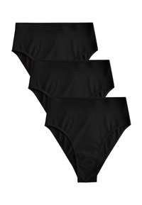Set di tre mutandine a vita alta nere. Tessuto liscio con design senza cuciture, di colore uniforme senza motivi o decorazioni.