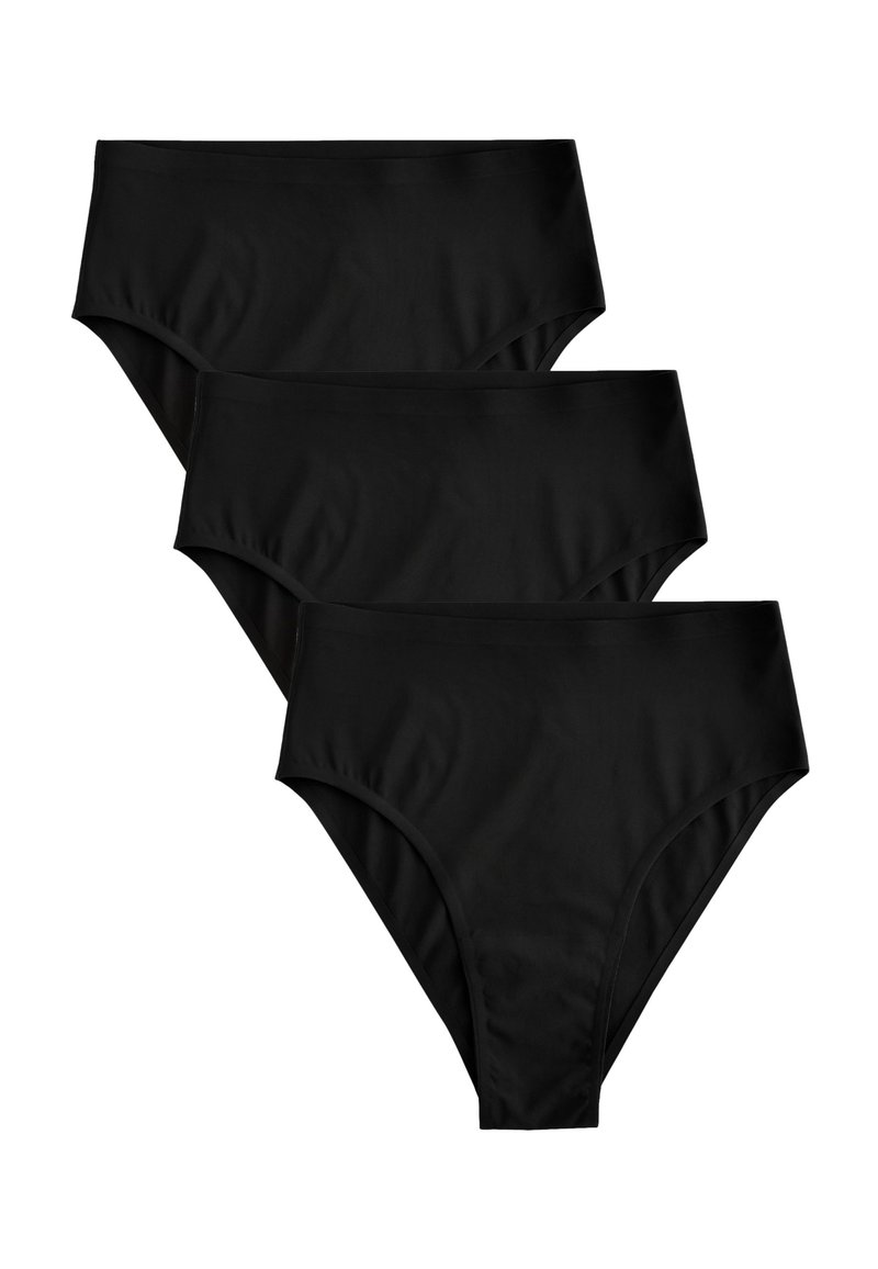 Set di tre mutandine a vita alta nere. Tessuto liscio con design senza cuciture, di colore uniforme senza motivi o decorazioni.