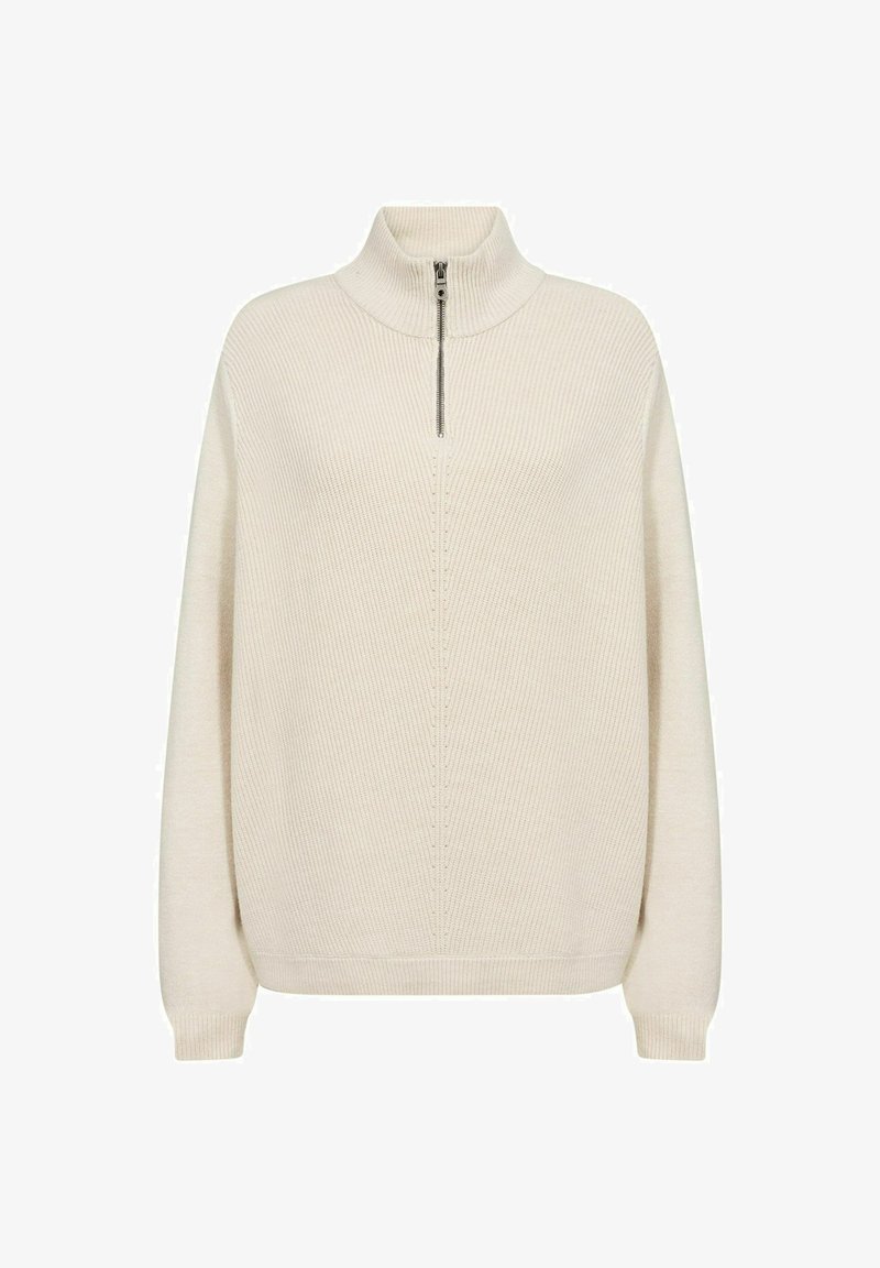 Cremfarbener Zip-Hals-Pullover in Rippstruktur, mit langen Ärmeln und lockerer Passform, ausgestattet mit einem Viertel-Zipper am Kragen.