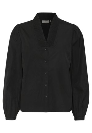 Zwarte blouse met lange mouwen, knoopsluiting aan de voorkant en een kraag. Bevat textuurdetails op de kraag en aangeknipte mouwen.