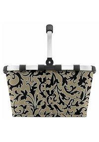 Cesta de compras plegable con marco de aluminio. Tela beige con intrincados patrones florales en negro. Mangos de goma para un mejor agarre.