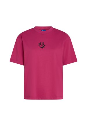Magenta tričká s krátkym rukávom, okrúhlym výstrihom a malým čiernym logom KL tlačeným na strede prednej časti.