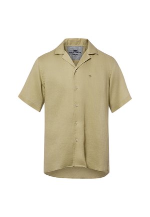 Beiges kurzärmeliges Hemd mit Knopfleiste, Camp-Kragen und kleinem besticktem Logo auf der linken Brust.