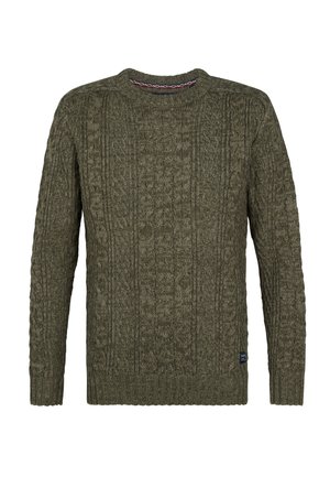 Olivengrüner Strickpullover mit strukturiertem Kabelmuster, rundem Ausschnitt und gerippten Bündchen sowie Saum. Lockerer Schnitt.