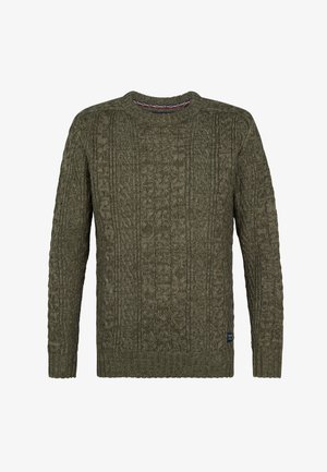 Pulover tricotat de culoare verde măsliniu, cu un model texturat de sârmă, guler rotund și manșete și tiv ribbrate. Se potrivește ușor larg.