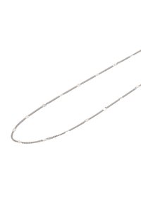 Sølv kæderekæde med aflange led og cirkulære accenter, der har en poleret overflade og et delikat, let design.