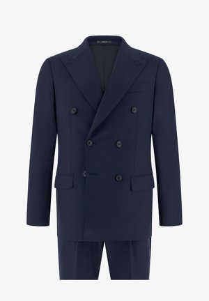 Doppelt geknöpfter, marineblauer Herrenanzug mit Schalkragen, vier Knöpfen, Pattentaschen und passenden Hosen.