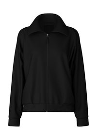 Giacca nera con zip realizzata in tessuto liscio, caratterizzata da un ampio collo, maniche lunghe e polsini a coste. Design semplice, senza motivi né dettagli.