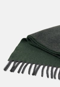 Dark green and charcoal wool scarf featuring a soft texture, fringed ends, and a simple design.
