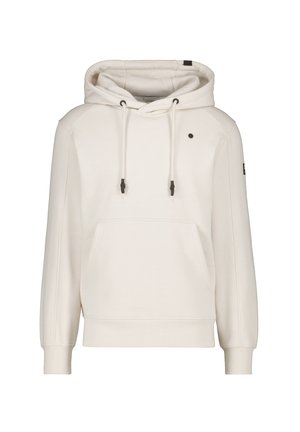 Cream-colored hoodie with a kangaroo pocket, adjustable drawstrings, and ribbed cuffs. Features a black logo on the chest and wrist.
