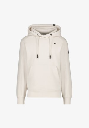 Hoodie color crema con tasca a marsupio, cordini regolabili e polsini a costine. Presenta un logo nero sul petto e sul polsino.