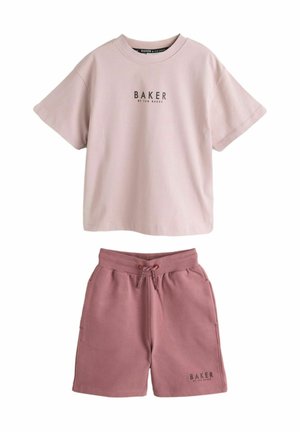 Light pink short-sleeve t-shirt with “BAKER” logo. Matching dark pink shorts with elastic waistband and side pockets. Soft fabric.