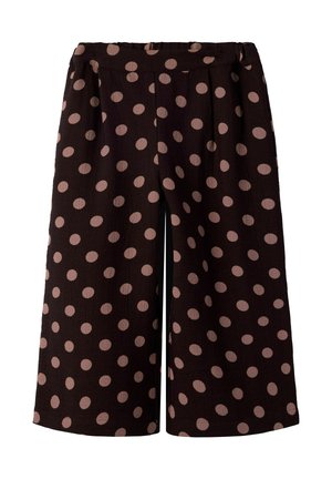Pantalon marron à jambes larges et coupé, avec de grands pois rose clair et une taille haute, présenté sur fond blanc.