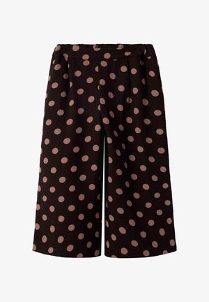 Pantalon marron à jambes larges et coupé, avec de grands pois rose clair et une taille haute, présenté sur fond blanc.