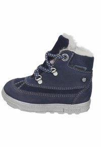 Botas de tobillo azul marino con un upper de cuero texturizado, forro gris esponjoso, ojales de metal y costuras en contraste sobre una suela gris.